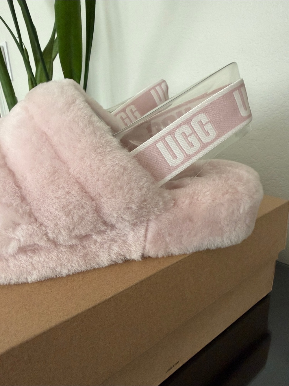 UGG Blush Pink Plush Slide Sandals with Branded Heel Strap - Picture 3 of 8